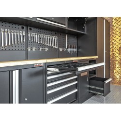 Complete werkplaatsinrichting mat zwart, werkbank + hardhouten blad, gereedschapskast, 6 laden, 379,5 x 200 cm