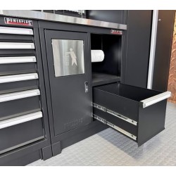 Complete werkplaatsinrichting mat zwart, werkbank + hardhouten blad, gereedschapskast, 6 laden, 379,5 x 200 cm