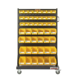 Verrijdbare trolley met 96 magazijnbakken – verrijdbaar magazijnrek - tweezijdig opbergrek. Verrijdbare trolley met 96 magazijnbakken – verrijdbaar magazijnrek - tweezijdig opbergrek.