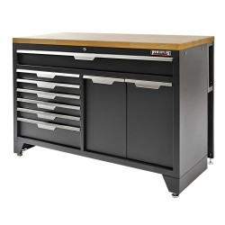 Zwarte, brede werkplaatskast 136 cm met 7 laden, afvalbak en magazijnbakjes Zwarte, brede werkplaatskast 136 cm met 7 laden, afvalbak en magazijnbakjes