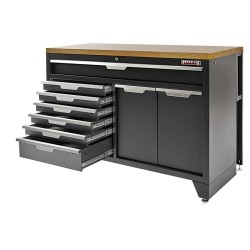 Zwarte, brede werkplaatskast 136 cm met 7 laden, afvalbak en magazijnbakjes Zwarte, brede werkplaatskast 136 cm met 7 laden, afvalbak en magazijnbakjes