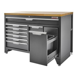 Zwarte, brede werkplaatskast 136 cm met 7 laden, afvalbak en magazijnbakjes Zwarte, brede werkplaatskast 136 cm met 7 laden, afvalbak en magazijnbakjes