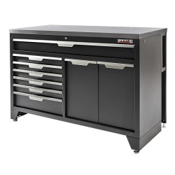 Zwarte, brede werkplaatskast 136 cm met 7 laden, afvalbak en magazijnbakjes Zwarte, brede werkplaatskast 136 cm met 7 laden, afvalbak en magazijnbakjes