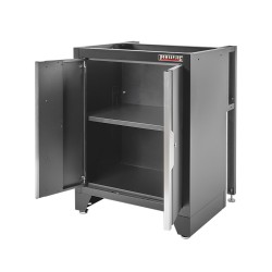 Gereedschapskasten set wandlengte 392 cm. metaal omkleed werkblad,  tweedeurs kast, 7 laden kasten, hoge kasten, matzwart.