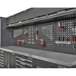 Gereedschapskasten set wandlengte 392 cm. metaal omkleed werkblad,  tweedeurs kast, 7 laden kasten, hoge kasten, matzwart.