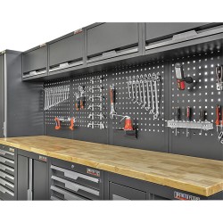 Gereedschapskasten set wandlengte 332 cm. tweedeurs kast, ladenblok, gereedschapsborden, hangkast, hoge kast, matzwart.