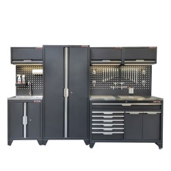 Gereedschapskasten set wandlengte 295,5 cm, hoge tweedeurs kast, brede 9 laden kast, hangkasten, gatenwand, wasbak, matzwart.