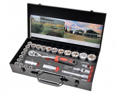 Doppenset 1/2 inch met ratel en verlengstukken in metalen opbergbox