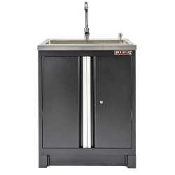 Werkplaatskast matzwart met 2 deuren, RVS wasbak, zeeppomp en kraan.