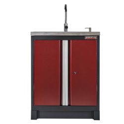 Werkplaatskast donkerrood met 2 deuren, RVS wasbak, zeeppomp en kraan.