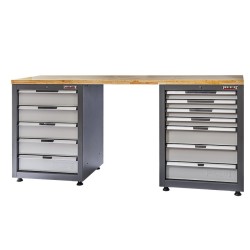 Werkbank Elite-Line 217 x 55,5 x 96 cm. met 12 laden en hardhouten blad. Werkbank Elite-Line 217 x 55,5 x 96 cm. met 12 laden en hardhouten blad.