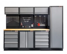 Werkbankset met hardhouten werkblad, gereedschapsbord matzwart, werkplaatsinrichting, 9 laden - 264 x 46 x 94,6 cm