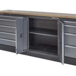 Complete Werkplaatsinrichting, houten blad, gereedschapskast, gereedschapsbord matzwart, 4 x hangkast,10 laden, 392 x 200 cm.