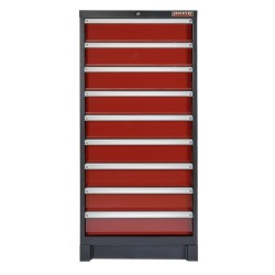 Professionele gereedschapskast donkerrood – werkplaatskast 155 cm. hoog met 9 laden.