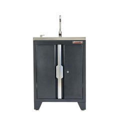 Werkplaatskast matzwart met 2 deuren inclusief zeeppomp, RVS wasbak en waterkraan