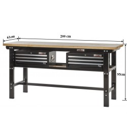 Werkbank zwart 200 cm met hardhouten blad en 2 gereedschapskisten