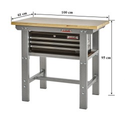 Werkbank 100 cm met hardhouten blad en gereedschapskist - grijs