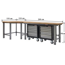 Werkbank hoekopstelling - Hoek werkbank 310 cm lang grijs met hardhouten blad en 2 gereedschapswagens