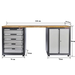 Werkbank Elite-Line 217 x 55,5 x 96 cm. met 5 laden en hardhouten blad.