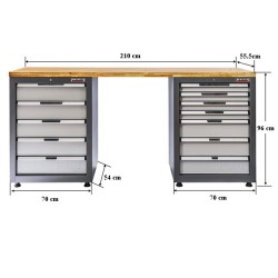 Werkbank Elite-Line 217 x 55,5 x 96 cm. met 12 laden en hardhouten blad. Werkbank Elite-Line 217 x 55,5 x 96 cm. met 12 laden en hardhouten blad.
