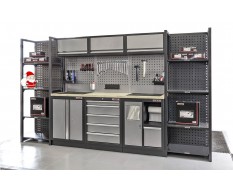 Complete Werkplaatsinrichting, Werkbank set, gereedschapskast, Magazijnstelling, 3 x hangkast, 5 laden, 342 x 200 cm