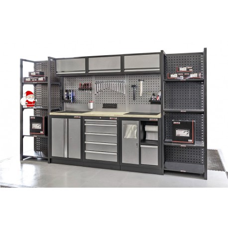 Complete Werkplaatsinrichting, Werkbank set, gereedschapskast, Magazijnstelling, 3 x hangkast, 5 laden, 342 x 200 cm