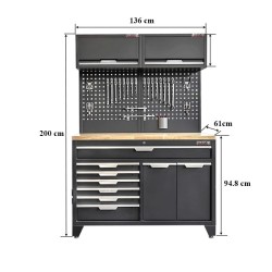 Gereedschapskasten set wandlengte 136 cm. brede 9 laden kast, hangkasten, gereedschapsborden matzwart .