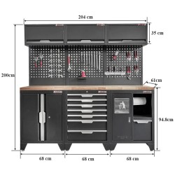 Gereedschapskasten set wandlengte 204 cm. tweedeurs kast, ladenblok, afvalbak, matzwart