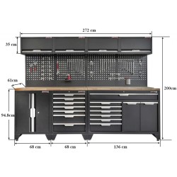 Gereedschapskasten set wandlengte 272 cm. tweedeurs kast, ladenblok, gereedschapsborden, hangkast, matzwart.