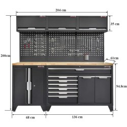 Gereedschapskasten set wandlengte 204 cm. lage tweedeurs kast, 9 laden werkbank, hangkast, gereedschapsbord matzwart