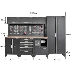 Gereedschapskasten set wandlengte 295,5 cm. tweedeurs lage en hoge kast, ladenblok, afvalbak, gatenwand, matzwart.