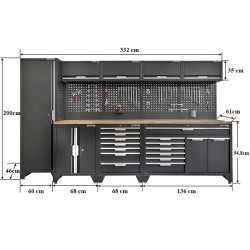 Gereedschapskasten set wandlengte 332 cm. tweedeurs kast, ladenblok, gereedschapsborden, hangkast, hoge kast, matzwart.
