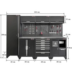 Gereedschapskasten set wandlengte 264 cm. tweedeurs lage kast, metaal omkleed werkblad, ladenblok, afvalbak, hoge kast, matzwart