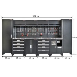 Gereedschapskasten set wandlengte 392 cm. metaal omkleed werkblad,  tweedeurs kast, 7 laden kasten, hoge kasten, matzwart.
