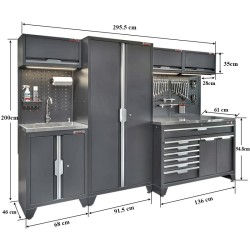 Gereedschapskasten set wandlengte 295,5 cm, hoge tweedeurs kast, brede 9 laden kast, hangkasten, gatenwand, wasbak, matzwart.
