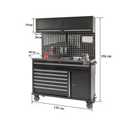 Verrijdbare werkbank met lades, gereedschapsbord, gereedschapskast en RVS werkblad.