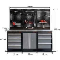 Werkbank set met MDF werkblad met RVS plaat omkleed, gereedschapsbord matzwart - 9 laden - 204 x 46 x 94,6 cm