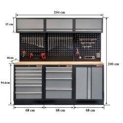 Werkbank set, gereedschapswand matzwart, 3 x hangkast en 11 laden - 204 x 46 x 200 cm werkplaatsinrichting