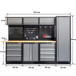 Werkbankset met hardhouten werkblad, gereedschapsbord matzwart, werkplaatsinrichting, 9 laden - 264 x 46 x 94,6 cm Werkbankset met hardhouten werkblad, gereedschapsbord matzwart, werkplaatsinrichting, 9 laden - 264 x 46 x 94,6 cm