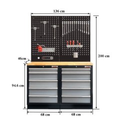 Werkbank set met hardhouten werkblad, gereedschapsbord matzwart en 10 laden - 136 x 46 x 94,5 / 199,5 cm.