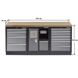 Werkbank set met hardhouten blad, afvalbakkast en 12 laden - 204 x 46 x 94,6 cm
