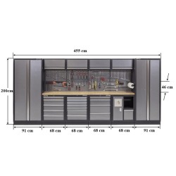 Complete Werkplaatsinrichting, werkbank houten blad, gereedschapskast, gereedschapsbord, 4 x hangkast,19 laden, 455 x 200 cm.