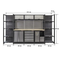Complete Werkplaatsinrichting, werkbank houten blad, gereedschapskast, Magazijnstelling, 3 x hangkast, 5 laden, 342 x 200 cm