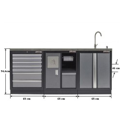 Werkbank set met MDF werkblad met RVS plaat omkleed - 10 laden - 204 x 46 x 94,6 cm. Werkbank met laden - ladenblok