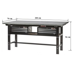 Werkbank zwart 200 cm met zinken werkblad en 2 gereedschapskisten