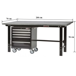 Werkbank zwart 200 cm met zinken werkblad en gereedschapswagen