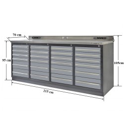 Professionele werkbank – montagetafel 215 x 70 x 95 cm. met 24 laden