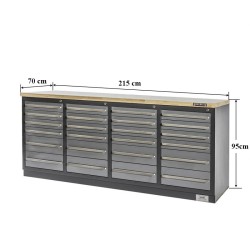 Professionele werkbank – montagetafel 215 x 70 x 95 cm. met 24 laden en hardhouten werkblad