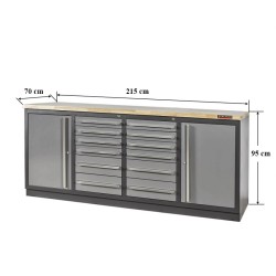 Professionele werkbank – montagetafel 215 x 70 x 95 cm. met 12 laden, 2 gereedschapskasten en hardhouten werkblad
