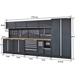 Complete werkplaatsinrichting mat zwart, werkbank + hardhouten blad, gereedschapskast, 6 laden, 379,5 x 200 cm